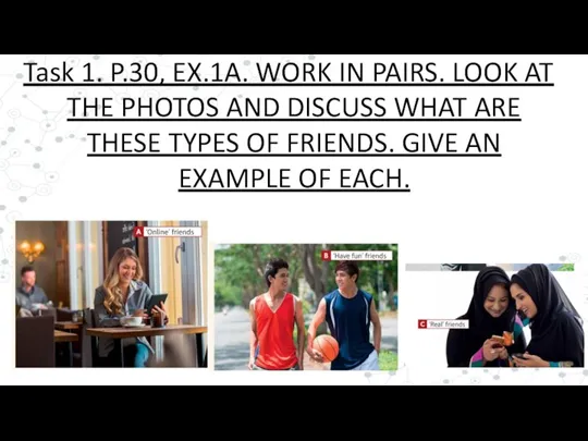 Task 1. P.30, EX.1A. WORK IN PAIRS. LOOK AT THE PHOTOS AND