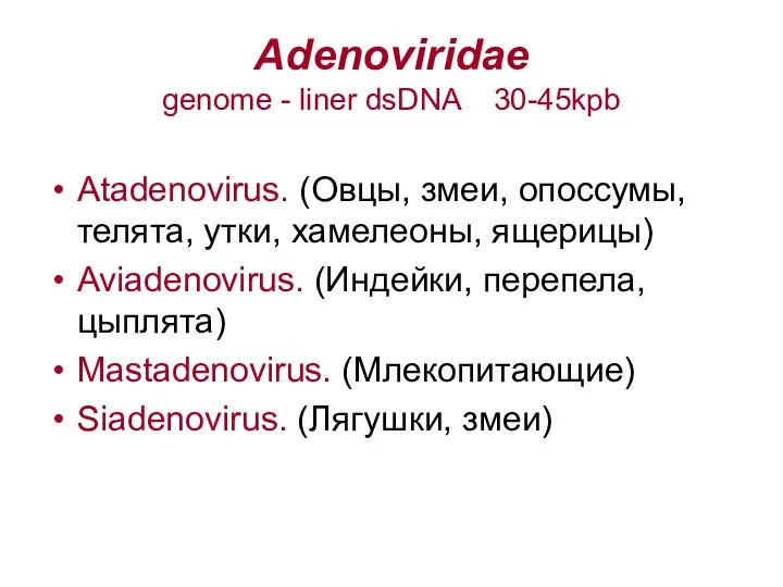 Adenoviridae genome - liner dsDNA 30-45kpb Atadenovirus. (Овцы, змеи, опоссумы, телята, утки,