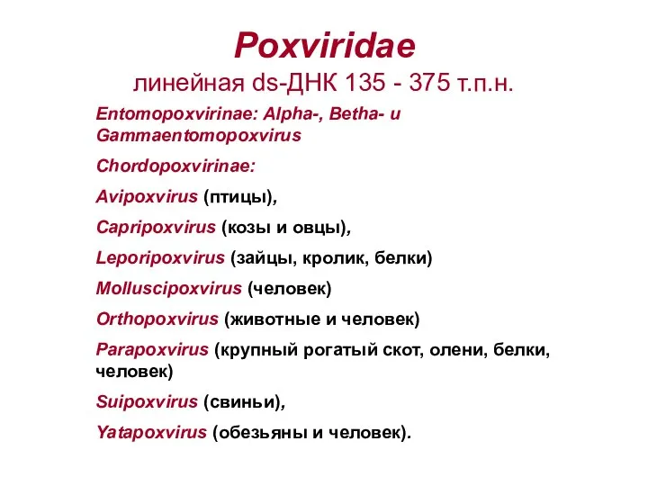 Poxviridae линейная ds-ДНК 135 - 375 т.п.н. Entomopoxvirinae: Alpha-, Betha- и Gammaentomopoxvirus