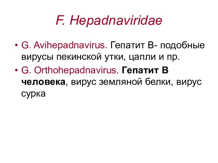 F. Hepadnaviridae G. Avihepadnavirus. Гепатит В- подобные вирусы пекинской утки, цапли и