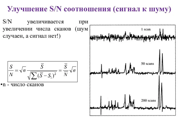 S/N увеличивается при увеличении числа сканов (шум случаен, а сигнал нет!) n