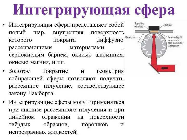 Интегрирующая сфера Интегрирующая сфера представляет собой полый шар, внутренняя поверхность которого покрыта