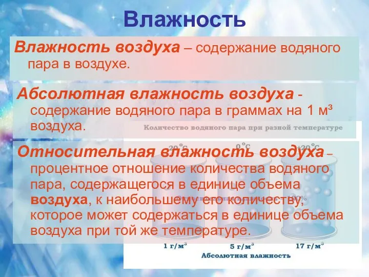 Влажность Влажность воздуха – содержание водяного пара в воздухе. Относительная влажность воздуха