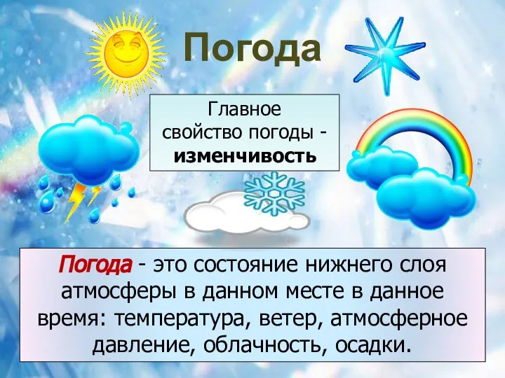 Погода Погода - это состояние нижнего слоя атмосферы в данном месте в