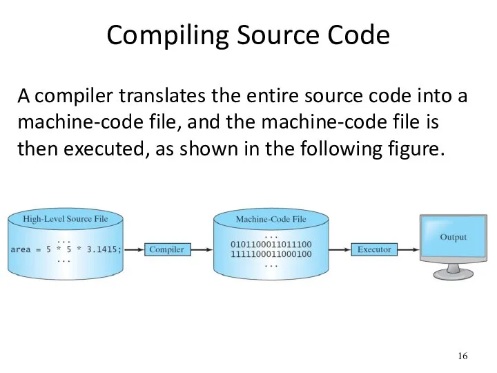 Compiling Source Code A compiler translates the entire source code into a