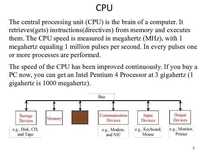 CPU The central processing unit (CPU) is the brain of a computer.