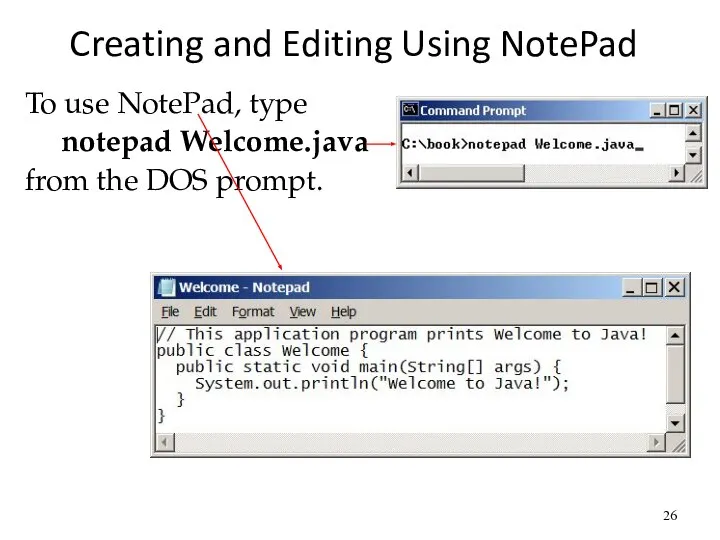 Creating and Editing Using NotePad To use NotePad, type notepad Welcome.java from the DOS prompt.