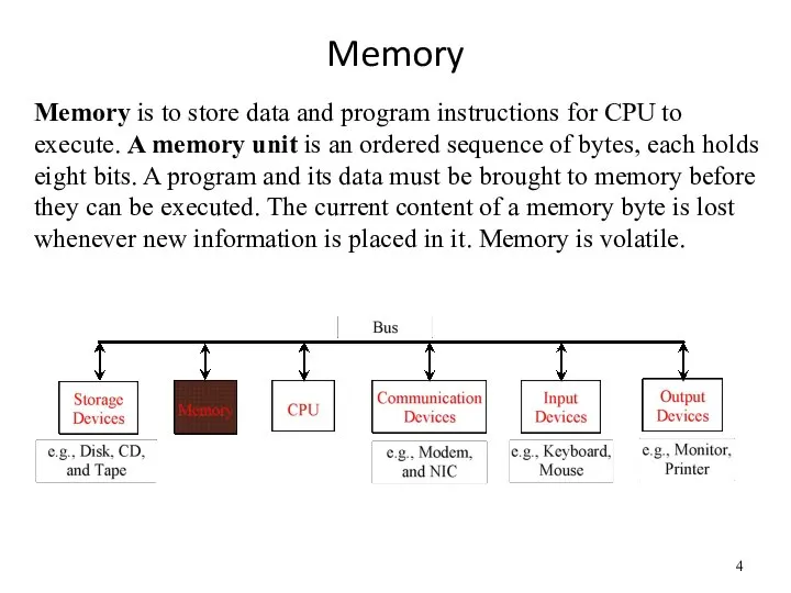 Memory Memory is to store data and program instructions for CPU to