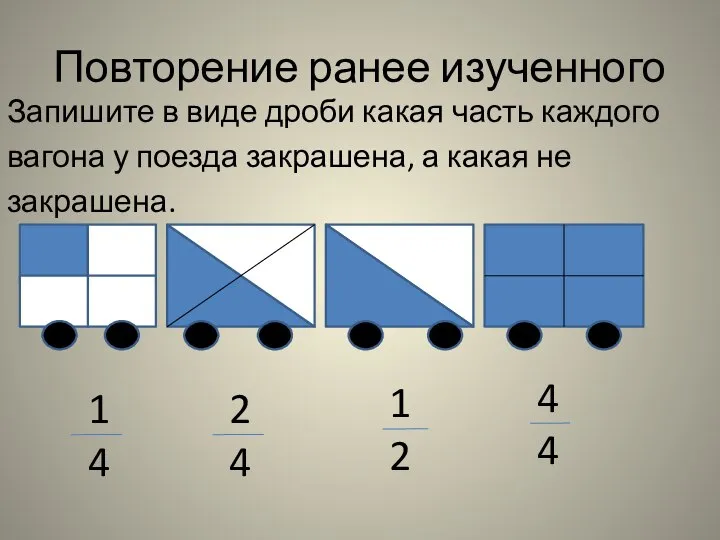 Повторение ранее изученного Запишите в виде дроби какая часть каждого вагона у