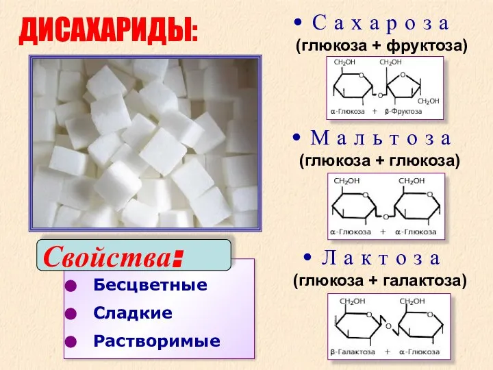 Бесцветные Сладкие Растворимые ДИСАХАРИДЫ: С а х а р о з а