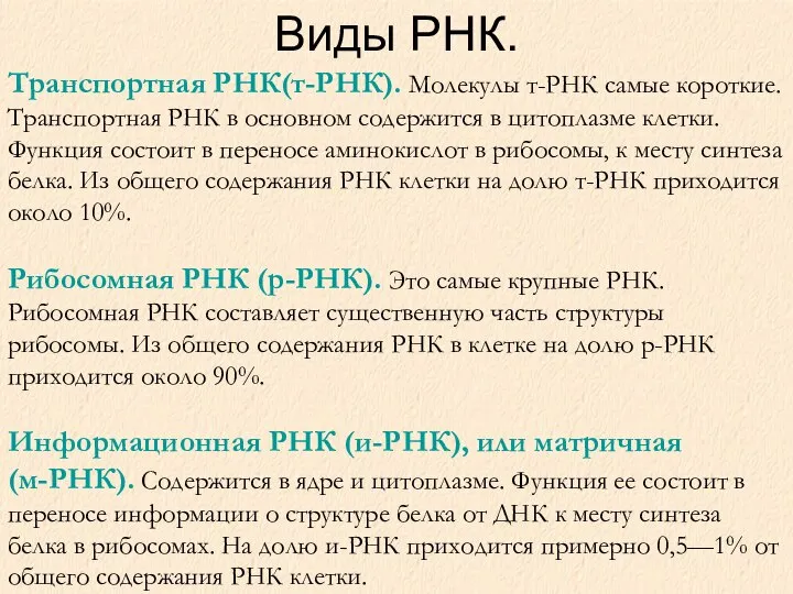 Виды РНК. Транспортная РНК(т-РНК). Молекулы т-РНК самые короткие. Транспортная РНК в основном