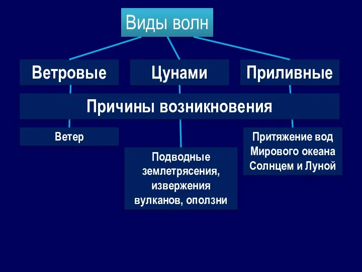 Виды волн Ветровые Цунами Приливные Ветер Подводные землетрясения, извержения вулканов, оползни Притяжение