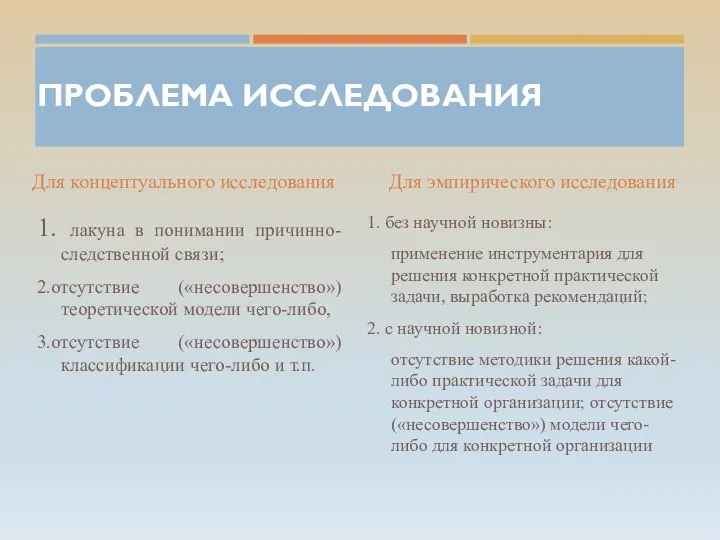 ПРОБЛЕМА ИССЛЕДОВАНИЯ Для концептуального исследования 1. лакуна в понимании причинно-следственной связи; 2.отсутствие