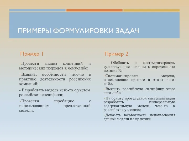 ПРИМЕРЫ ФОРМУЛИРОВКИ ЗАДАЧ Пример 1 Провести анализ концепций и методических подходов к