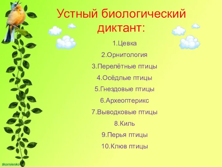 Устный биологический диктант: 1.Цевка 2.Орнитология 3.Перелётные птицы 4.Осёдлые птицы 5.Гнездовые птицы 6.Археоптерикс