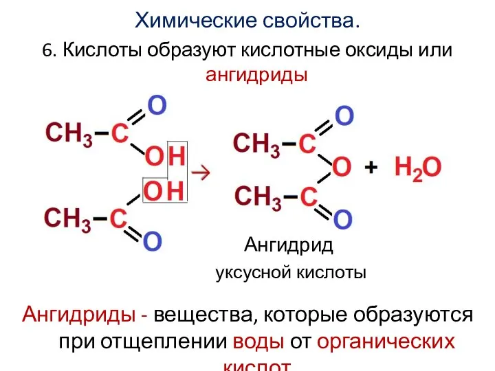 Химические свойства. 6. Кислоты образуют кислотные оксиды или ангидриды Ангидрид уксусной кислоты