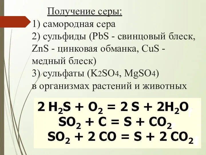 Получение серы: 1) самородная сера 2) сульфиды (PbS - свинцовый блеск, ZnS