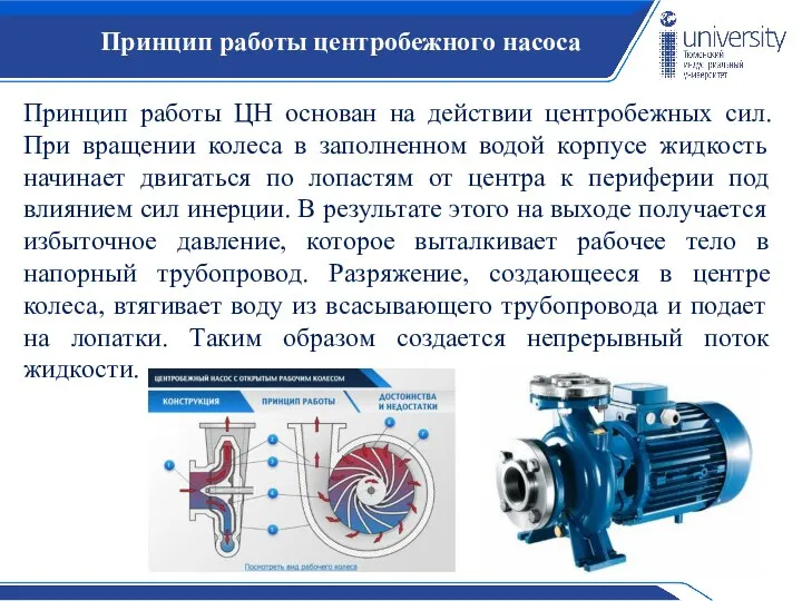 Принцип работы центробежного насоса Принцип работы ЦН основан на действии центробежных сил.