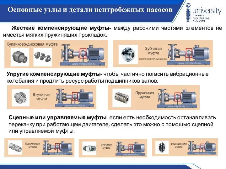 Основные узлы и детали центробежных насосов Жесткие компенсирующие муфты- между рабочими частями