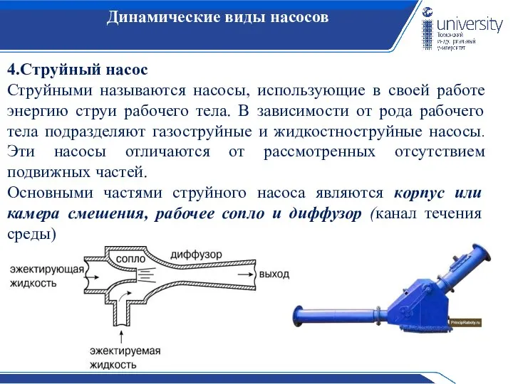 Динамические виды насосов 4.Струйный насос Струйными называются насосы, использующие в своей работе