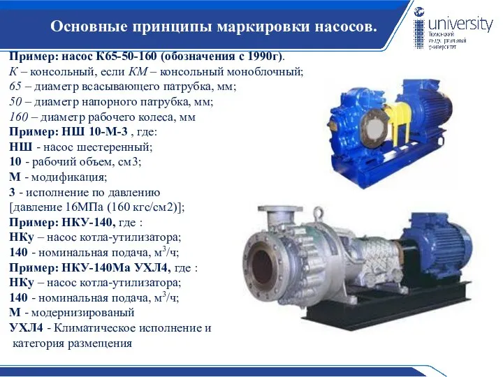 Основные принципы маркировки насосов. Пример: насос К65-50-160 (обозначения с 1990г). К –