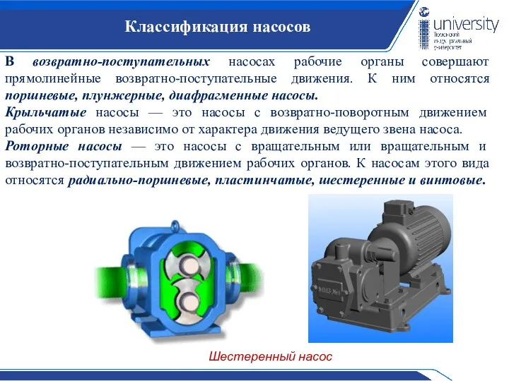 Классификация насосов В возвратно-поступательных насосах рабочие органы совер­шают прямолинейные возвратно-поступательные движения. К