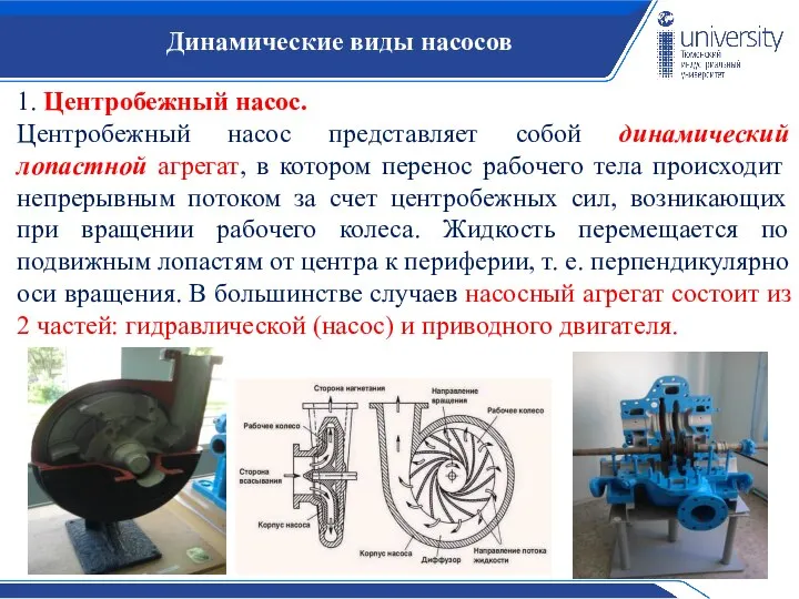 Динамические виды насосов 1. Центробежный насос. Центробежный насос представляет собой динамический лопастной