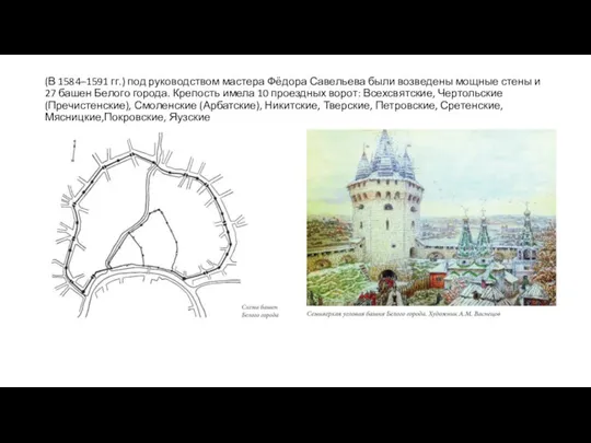 (В 1584–1591 гг.) под руководством мастера Фёдора Савельева были возведены мощные стены