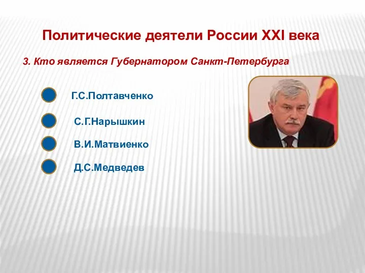 Политические деятели России XXI века 3. Кто является Губернатором Санкт-Петербурга Г.С.Полтавченко С.Г.Нарышкин В.И.Матвиенко Д.С.Медведев