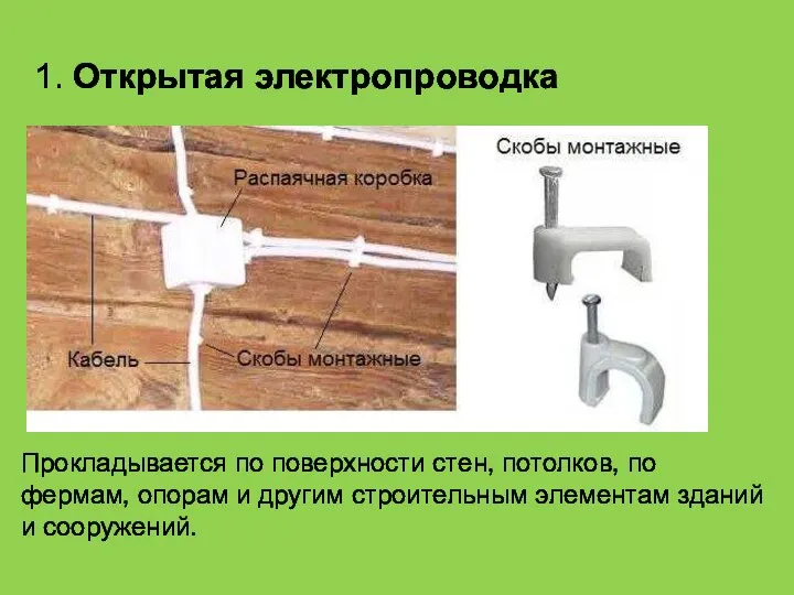 1. Открытая электропроводка Прокладывается по поверхности стен, потолков, по фермам, опорам и