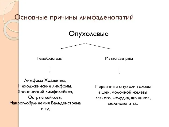 Основные причины лимфаденопатий Опухолевые Гемобластозы Метастазы рака Лимфома Ходжкина, Неходжкинские лимфомы, Хронический