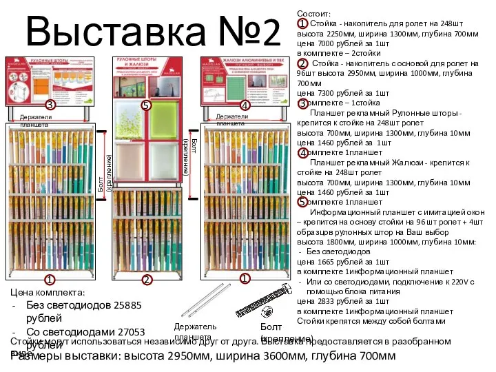 Выставка №2 Размеры выставки: высота 2950мм, ширина 3600мм, глубина 700мм Состоит: Стойка