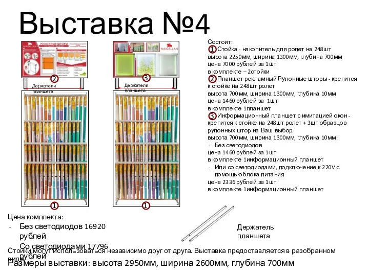 Выставка №4 Размеры выставки: высота 2950мм, ширина 2600мм, глубина 700мм Состоит: Стойка