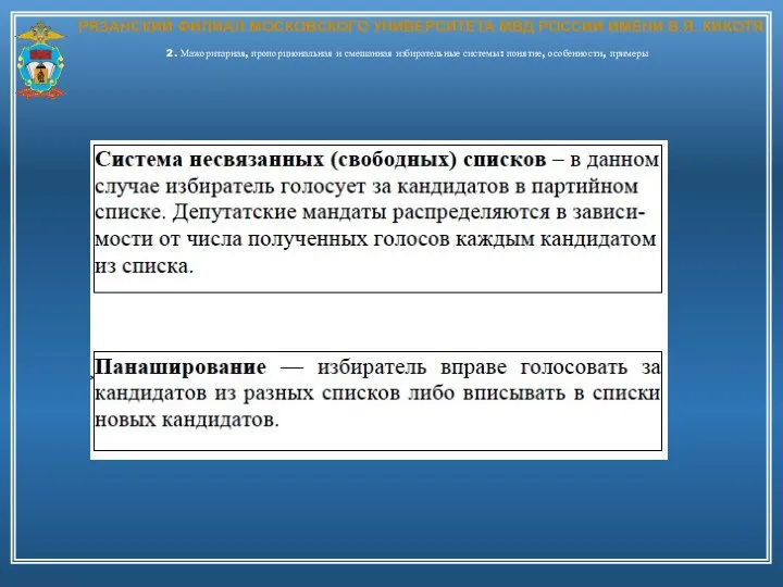 РЯЗАНСКИЙ ФИЛИАЛ МОСКОВСКОГО УНИВЕРСИТЕТА МВД РОССИИ ИМЕНИ В.Я. КИКОТЯ 2. Мажоритарная, пропорциональная