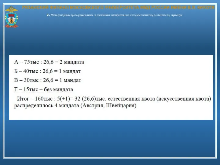 РЯЗАНСКИЙ ФИЛИАЛ МОСКОВСКОГО УНИВЕРСИТЕТА МВД РОССИИ ИМЕНИ В.Я. КИКОТЯ 2. Мажоритарная, пропорциональная