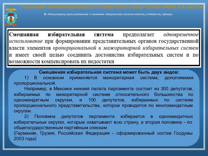 РЯЗАНСКИЙ ФИЛИАЛ МОСКОВСКОГО УНИВЕРСИТЕТА МВД РОССИИ ИМЕНИ В.Я. КИКОТЯ 2. Мажоритарная, пропорциональная