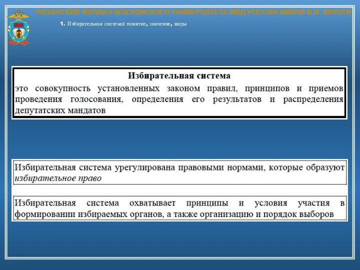 РЯЗАНСКИЙ ФИЛИАЛ МОСКОВСКОГО УНИВЕРСИТЕТА МВД РОССИИ ИМЕНИ В.Я. КИКОТЯ 1. Избирательная система: понятие, значение, виды