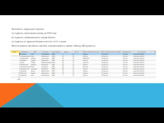 Выполнить следующие запросы: а) студенты, окончившие школу до 2020 года б) студенты,