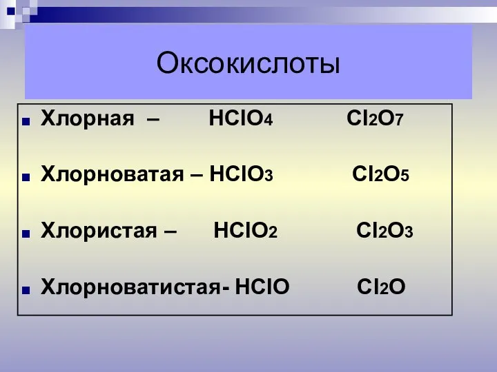 Оксокислоты Хлорная – НСlO4 Сl2O7 Хлорноватая – НСlO3 Сl2O5 Хлористая – НСlO2 Сl2O3 Хлорноватистая- НСlO Сl2O