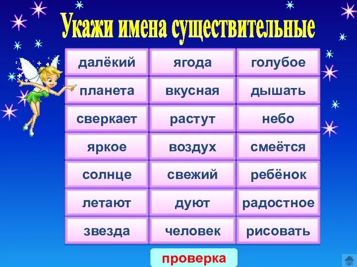 Укажи имена существительные далёкий планета сверкает яркое солнце летают звезда ягода вкусная