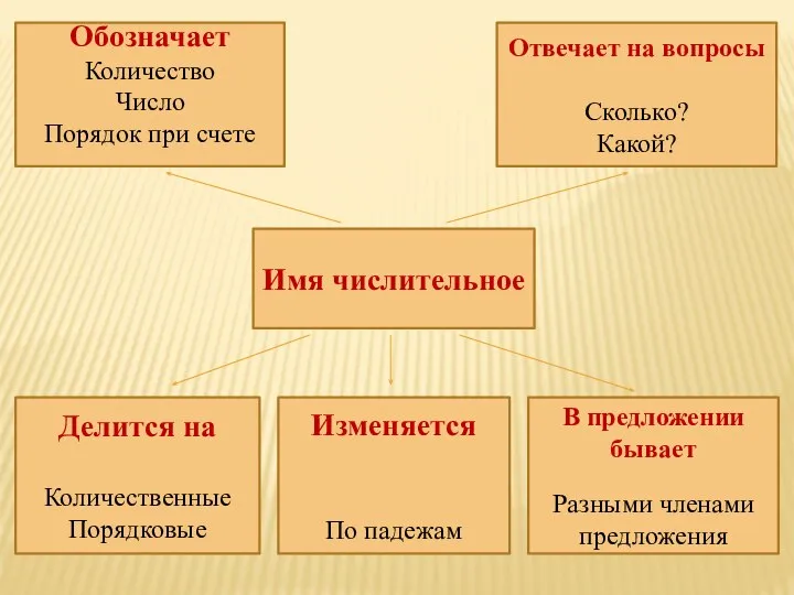 Имя числительное Обозначает Количество Число Порядок при счете Отвечает на вопросы Сколько?