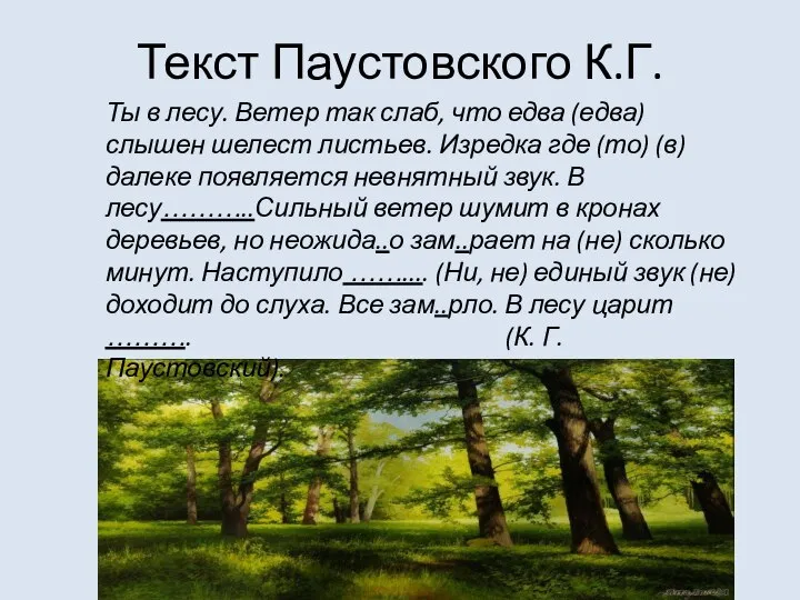 Текст Паустовского К.Г. Ты в лесу. Ветер так слаб, что едва (едва)