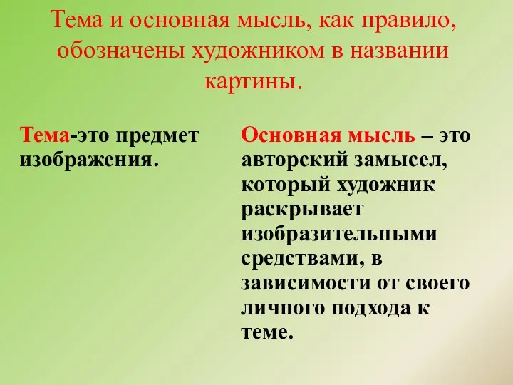 Тема и основная мысль, как правило, обозначены художником в названии картины. Тема-это