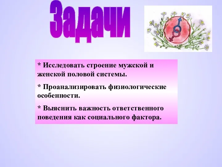 Задачи * Исследовать строение мужской и женской половой системы. * Проанализировать физиологические