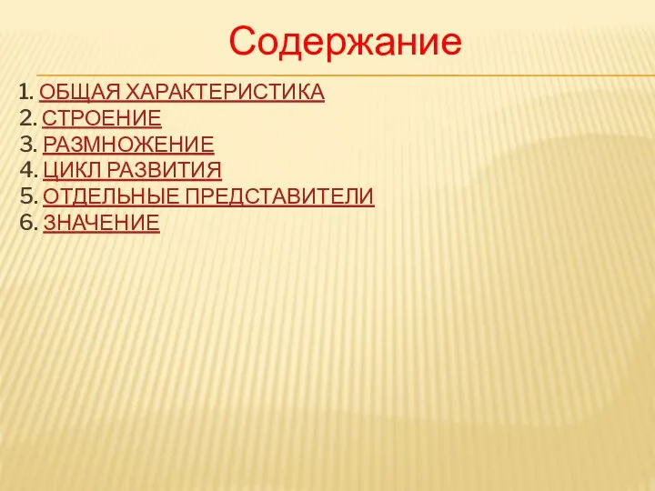 1. ОБЩАЯ ХАРАКТЕРИСТИКА 2. СТРОЕНИЕ 3. РАЗМНОЖЕНИЕ 4. ЦИКЛ РАЗВИТИЯ 5. ОТДЕЛЬНЫЕ ПРЕДСТАВИТЕЛИ 6. ЗНАЧЕНИЕ Содержание