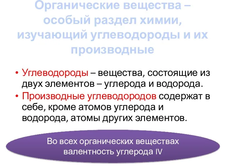 Органические вещества – особый раздел химии, изучающий углеводороды и их производные Углеводороды