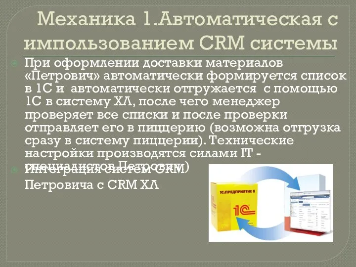 Механика 1.Автоматическая с импользованием CRM системы При оформлении доставки материалов «Петрович» автоматически