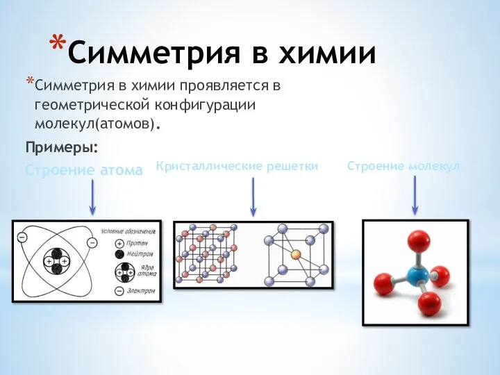 Симметрия в химии Симметрия в химии проявляется в геометрической конфигурации молекул(атомов). Примеры: