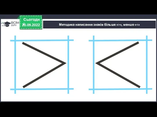 20.09.2022 Сьогодні Методика написання знаків більше «>», менше «