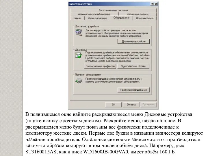 В появившемся окне найдите раскрывающееся меню Дисковые устройства (ищите иконку с жёстким